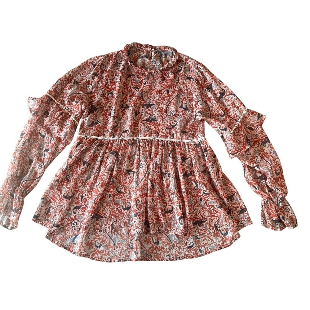 Paisley Boho Peplum Blouse Size S Romantic Prairie Cottagecore Top Blue Tassel